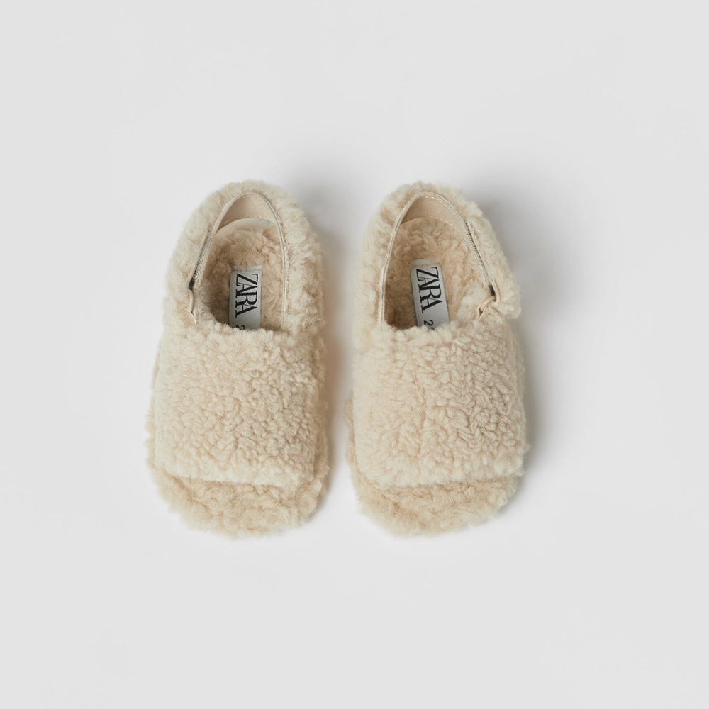 NWT Zara toddler kids / girls faux fur peep toe strap sandals / slides off white - Picture 3 of 5